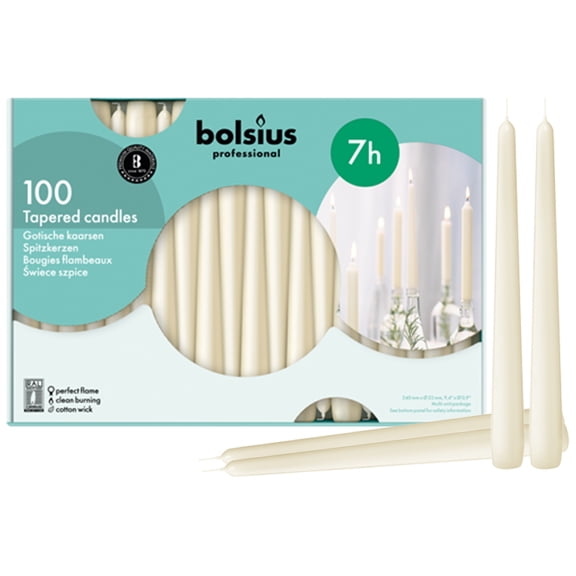 Bolsius Ivory Taper Candles 100 Pack, 10" European Quality Dripless Unscented Candles, 7+ Hour Long Candle Sticks