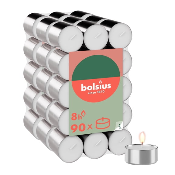 Bolsius - Large Pack of Tea Lights - 90 Pieces - 8 Burning Hours - White - Long Burning Time - Decorative Household Candles - Without Palm Oil - Clean Burning