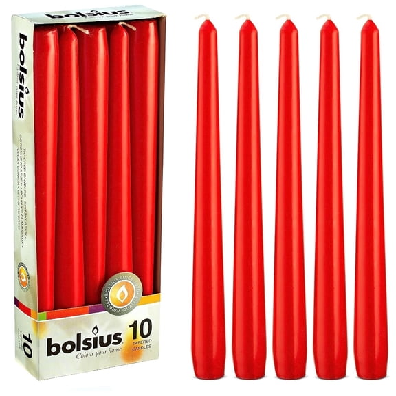 Bolsius Red Taper Candles, 10 Inch Candle Sticks, European Long Dripless Unscented Candles 8 Hrs, 10-Pack