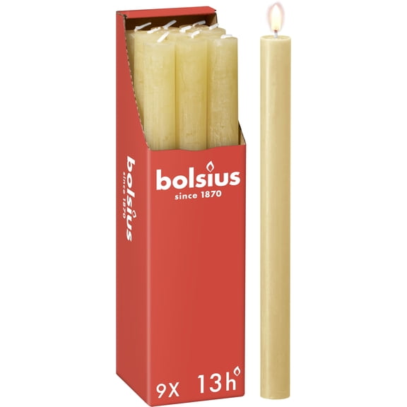 Bolsius Rustic Dinner Candles - Beige - Pack of 9 - Long Burning Time of 13 Hours - Household Candle - Interior Decoration - Unscented - Includes Natural Vegan Wax - 27 x 2.3 cm