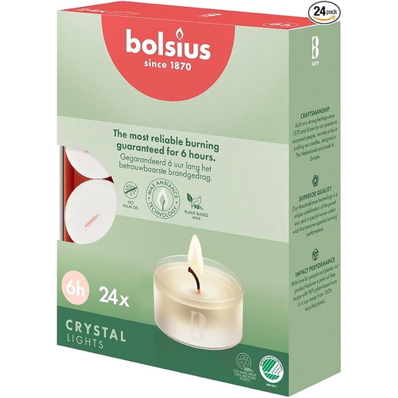 Bolsius Tealight Candles - Clear Cup - White - Box of 24 Transparent Tealights - Long Burning Time of 6 Hours - Unscented - Smokeless - Includes Natural Vegan Wax - No Palm Oil, Packaging May Vary
