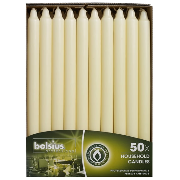 Bolsius Unscented Ivory Taper - Houshold Candles Pack of 50-11-inch Long Candles -12 Hour Long Burning Candles - Perfect for Emergency Candles, Chime Candles, Table Candles for Wedding, Dinner, Gift.