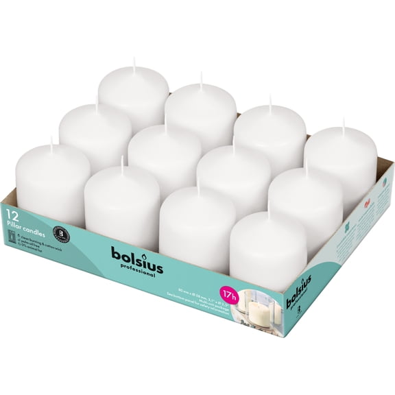 Bolsius White Pillar Candles Unscented, 17 Hour Burn Time, 12 Pack, 2.3x3 Inch, Dripless & Smokeless