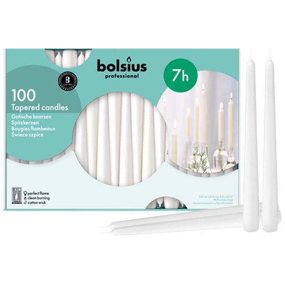 Bolsius White Taper Candles 100 Pack, 10" European Quality Dripless Unscented Candles, 7+ Hour Long Candle Sticks