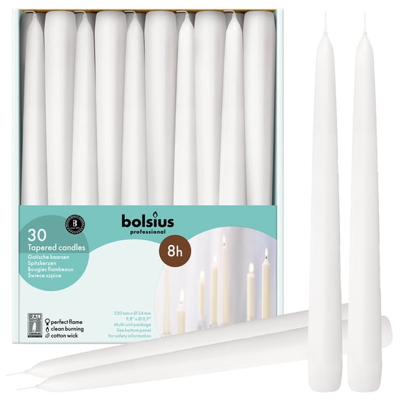 Bolsius White Taper Candles 30 Pack, 10" European Quality Dripless Unscented Candles, 8 Hour Long Candle Sticks