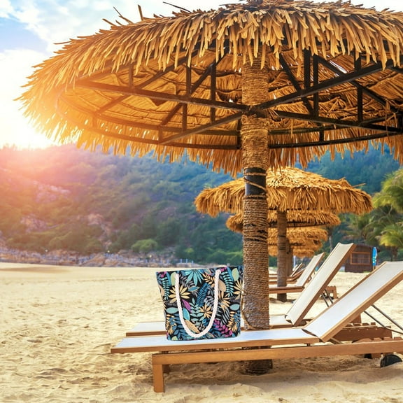 Bolso de playa para mujer, con estampado de hojas azules, grande, de lona, para viaje, con cierre de cremallera, para verano