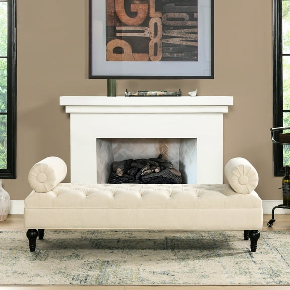 Bolster Arm Entryway Bench In Sky Neutral Beige. Built With Strong Kiln-dried Hardwood & 11-layer Plywood. Upholstered Woven Fabric And Foam. Low 15-inch Seat. Two Arms For Vintage Appeal Beige