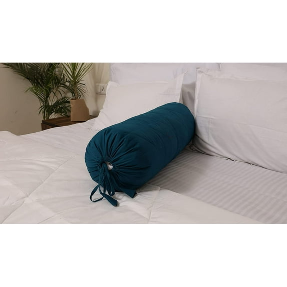 Bolster Cover 100% Cotton -Quilted Pattern With draw string ends -240 TC- Color Teal Blue , Size 8x24 Inches (20x60 cm)