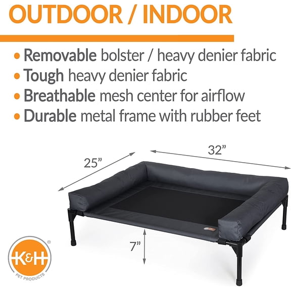 Bolster Dog Cot, Cooling Indoor Outdoor Elevated Cot Hammock Dog Bed with Removable Washable Bolsters, Washable Mesh Cover, Raised Metal Frame - Medium 32 X 25in Charcoal