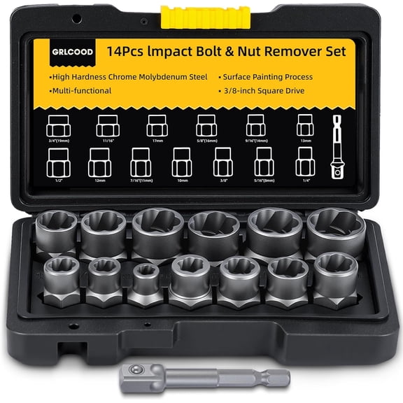 Bolt Extractor Kit, 14 PCS Impact Bolt & Nut Remover Set with 3/8 Inch Adapter, Upgrade Stripped Bolt Extractor Socket Set with Portable Tool Box, Easy Out for Rusted, Damaged, Round Bolt Nuts Screws