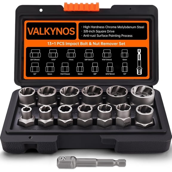 Bolt Extractor Kit 14 Pcs, Stripped Bolt Extractor Set, Impact Bolt Nut Removal Tool, Easy Out Remove Rusted, Frozen, Damaged, Rounded-Off Bolt Nut Screw, with Hex Drive, Cr-Mo Steel
