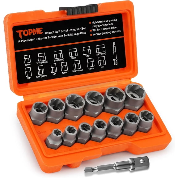 Bolt Extractor Kit,14 Piece Impact-Grade CR-MO Steel Nut Remover Set, 3/8" Drive Socket for Removing Frozen/Rusted/Rounded Bolts & Lug Nuts (Sizes 8-19mm),Automotive & Machinery Repair