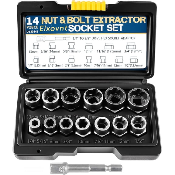 Bolt Extractor Kit, 14Pcs Cr-Mo Steel Bolt Extractor Set, 3/8" Drive Impact Bolt & Nut Remover Socket Tool Kit, Stripped For Damaged, Frozen, Studs, Rusted, Rounded-Off Bolts, Nuts & Screws