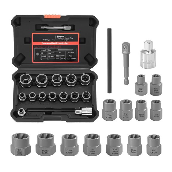Bolt Extractor Kit, 16 Pieces Impact Bolt & Nut Remover Set with Adapters and Pin Punch, Solid Storage Case, Cr-Mo Steel for Removing Damaged, Rusted, Stripped, Rounded Bolts, Nuts and Screws