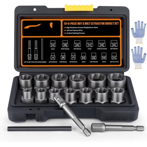 Bolt Extractor Kit, 16- Stripped Bolt Remover Socket Set with 3/8" Drive Adapter & Knock-Out Pin and Gloves, Heavy Duty Bolt Extractor for Rounded, Rusted, Broken Nuts & Screws