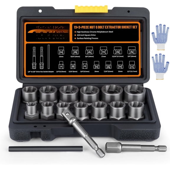 Bolt Extractor Kit, 16- Stripped Bolt Remover Socket Set with 3/8" Drive Adapter & Knock-Out Pin and Gloves, Heavy Duty Bolt Extractor for Rounded, Rusted, Broken Nuts & Screws