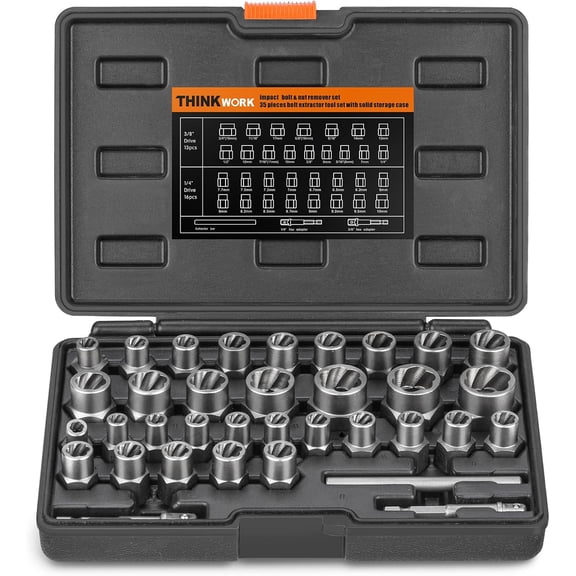 Bolt Extractor Kit, 35-Piece Nut Extractor Socket Set, 1/4" & 3/8" Drive Rounded Bolt Remover for Damaged, Rusted, Rounded-Off, Stripped Fasteners