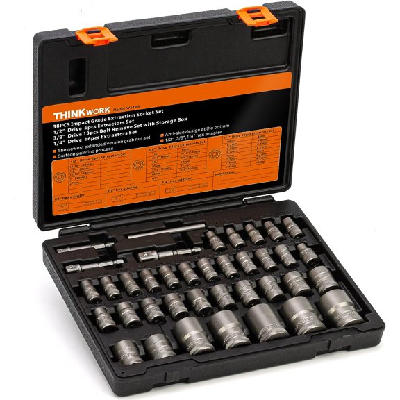 Bolt Extractor Kit, 38-Piece Nut Extractor Socket Set, 1/4" 3/8" 1/2" Drive Rounded Bolt Remover, Lug Nut Removal Tool for Damaged, Rusted, Rounded-Off, Stripped Fasteners