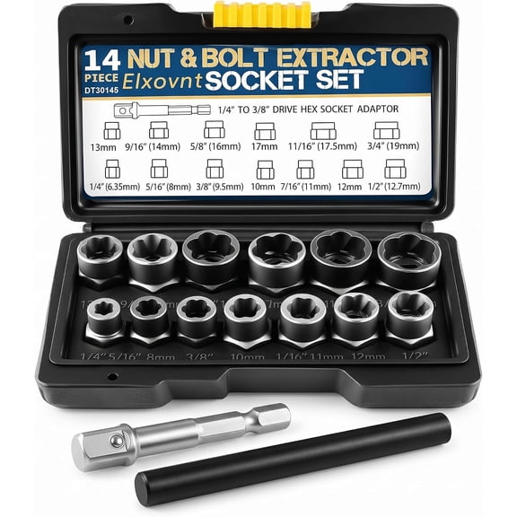 Bolt Extractor Set, 15 PCS Drive Impact Extractor Socket Set with 3/8", Bolt & Nut Remover Tool Kit for Stripped, Broken, Rusted, Damaged Nuts