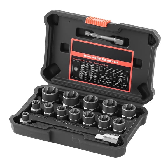 Bolt Extractor Set 16 Piece Impact Bolt Nut Remover Kit with Adapters Cr-Mo Steel Damaged Rounded Fasteners