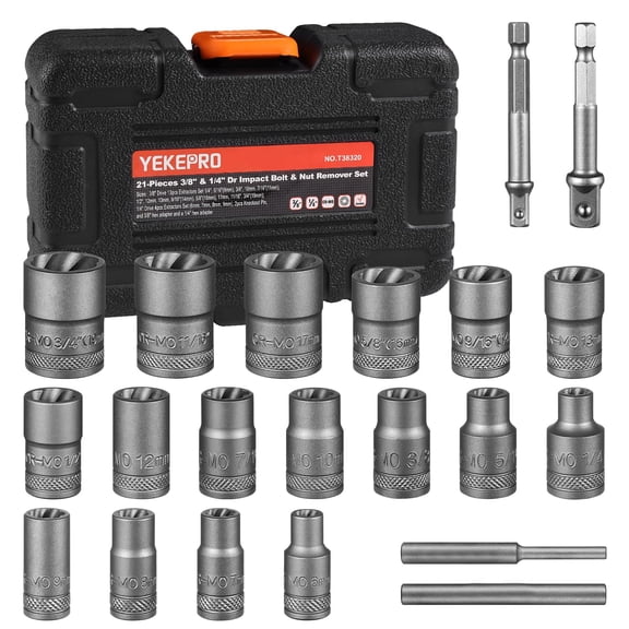 Bolt Extractor Set, 21pcs 3/8" & 1/4'' Drive Impact Stripped Bolt Extractor & Nut Remover Tool, Easy Twist Socket, for Removing Rusted Bolts, T38320
