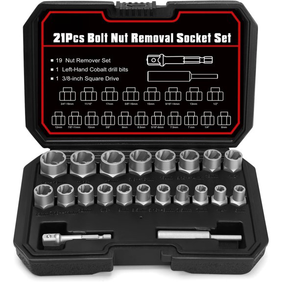 Bolt Extractor Set, Stripped Nut Remover Twist Sockets, Fit 3/8" Square Drive with Solid Storage Case (21pcs, )