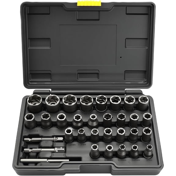 Bolt Extractor Set, Stripped Nut Remover Twist Sockets, Fit 3/8" Square Drive with Solid Storage Case (32pcs, Black)