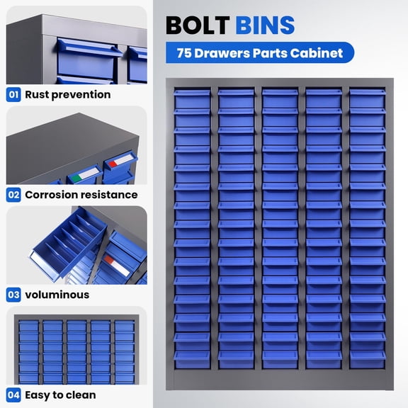 Bolt and Nut Organizer Tool Storage Cabinet Steel Bolt Bins, 75 Drawers Parts Cabinet with Drawers & Dividers, Heavy Duty for Small Items in Garages, Workshops