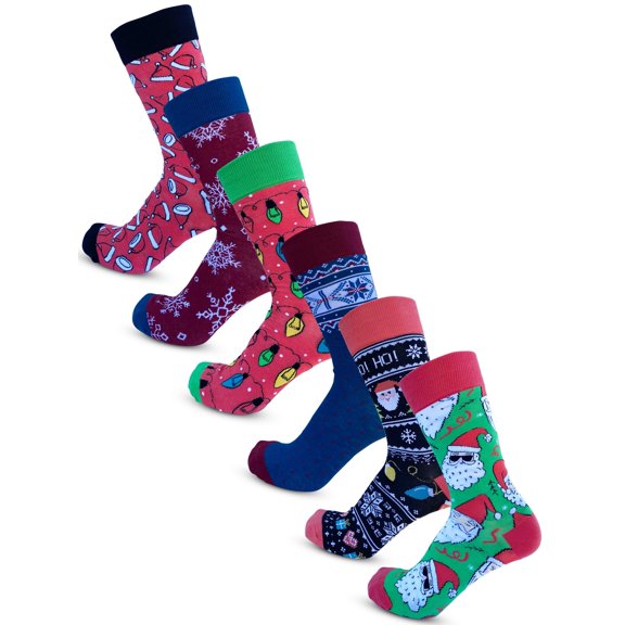 Bolter 6 Pack Men's Christmas Socks Crew Height Dress Socks (9-12, Xmas Party)