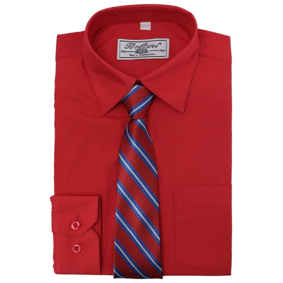 Boltini Italy Boys Kids Toddlers Long Sleeve Dress Shirt Set with Matching Tie (Red, 2)