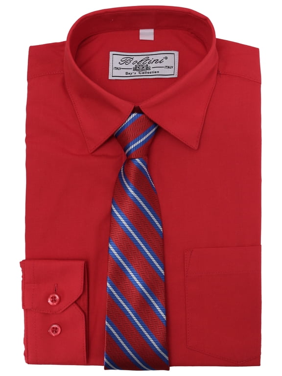 Boys Kids Toddlers Long Sleeve Dress Shirt Set with Matching Tie (Red, 8)