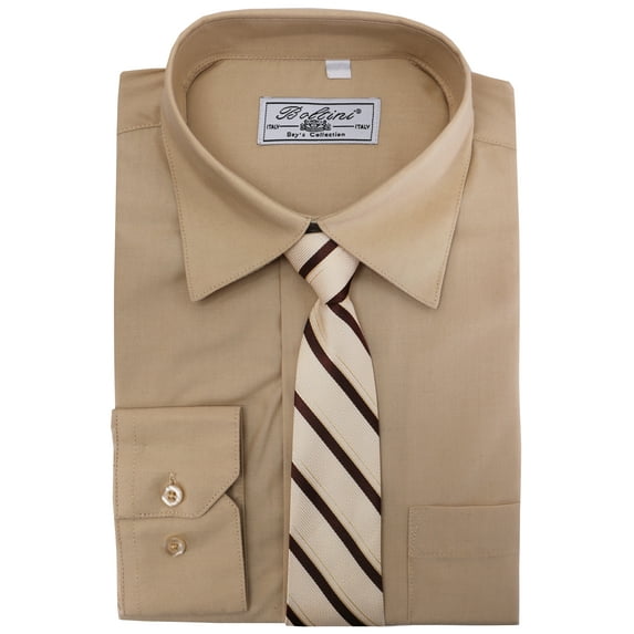 Boltini Italy Boys Kids Toddlers Long Sleeve Dress Shirt Set with Matching Tie (Tan, 5)