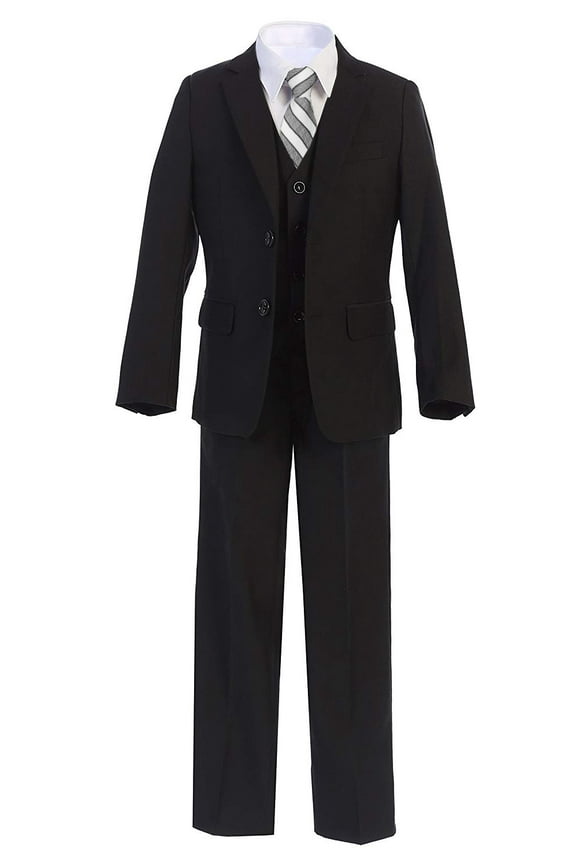 Kids Formal Boys Suit Set - 5PC- Jacket, Shirt, Tie, Vest, Pants (Black, 16)