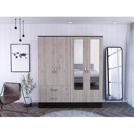 Bolton 160 Armoire, Six Shelves, Two Double Door Cabinets, Two Mirrors, Two Drawers, Rod Black / Light Gray
