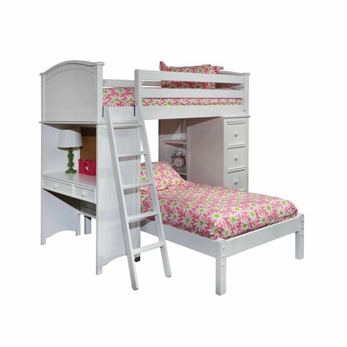 Bolton Furniture Cooley SleepStudyStorage Loft Bed with Lower Platform Bed, White