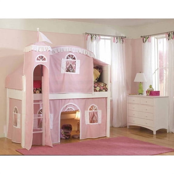 Bolton Furniture Cottage Twin Low Loft Bed, White with Pink/White Tower, Top Tent and Bottom Curtain