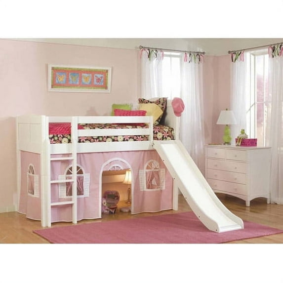 Bolton Furniture Cottage Twin Low Loft Bed with Lower Playhouse Curtain and Slide