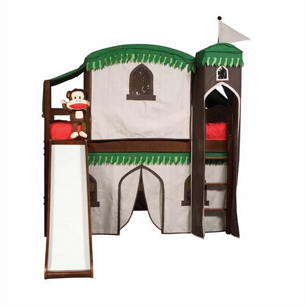 Bolton Furniture Mission Twin Low Loft Bed, Cherry, Treehouse Tower, Top Tent and Bottom Curtain