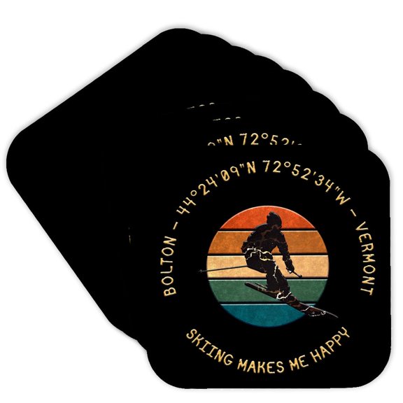 3drose, Bolton, Vermont. Man Skier. Yellow, Black. Alpine Skiing Gifts for Family, Set of 8 Coasters - Soft