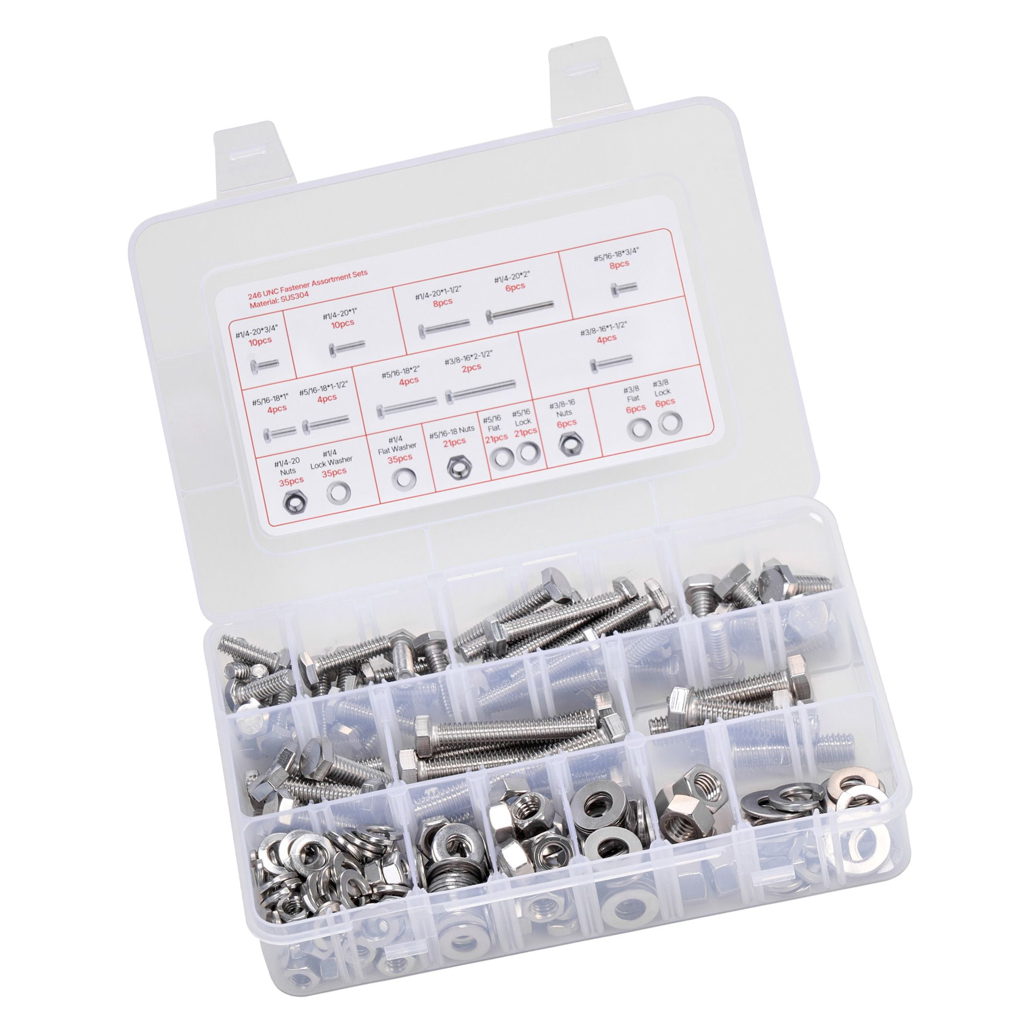 Bolts and Nuts Set 246-Piece Stainless Steel 3 Sizes #1/4-20 #5/16-18 #3/8-16 Adjustable Storage Box A2-50 Grade for Home Repair DIY