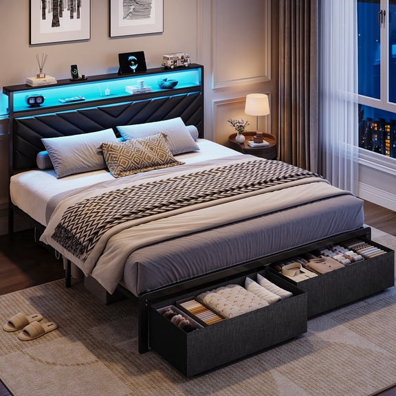 Bolvdo Queen Bed Frame with 2-Tier Storage Headboard, LED Light, USB Ports, 2 Storage Drawers with Wheel, PU Black
