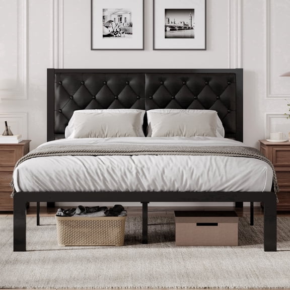 Bolvdo Queen Bed Frame with Upholstered Headboard, Metal Support, No Box Spring Needed, Black