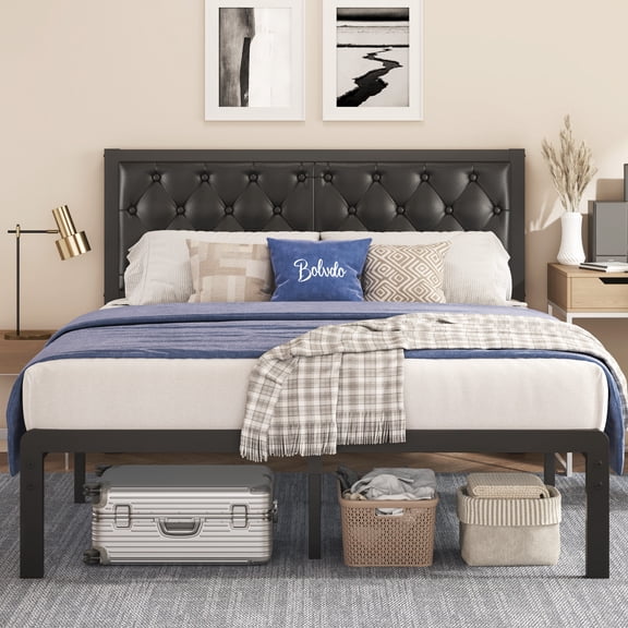 Bolvdo Queen Bed Frame with Upholstered Headboard, Metal Support, No Box Spring Needed, Black