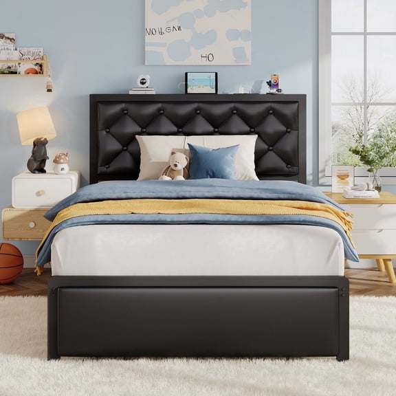 Isvyn Twin Bed Frame with Leather Upholstered Headboard, Large Storage Drawers, Black