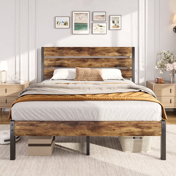 Bolvdo Queen Rustic Vintage Wood Bed Frame, Headboard Footboard & Heavy Duty Metal Support, Rustic Brown