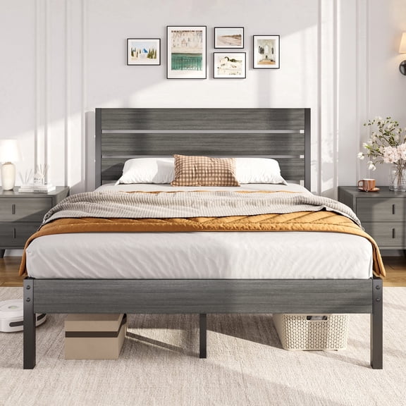 Bolvdo Queen Rustic Vintage Wood Bed Frame, Headboard & Footboard, Heavy Duty Metal Support, Grey