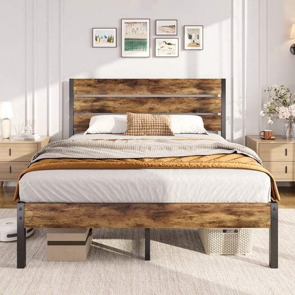 Bolvdo Queen Rustic Vintage Wood Bed Frame, Headboard Footboard & Heavy Duty Metal Support, Rustic Brown