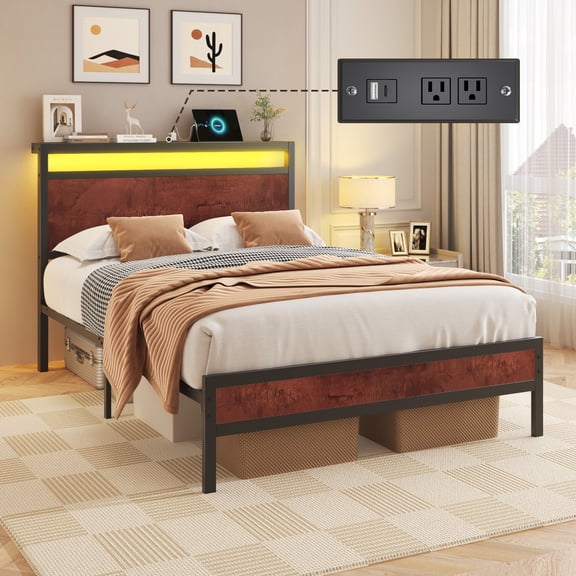 Bolvdo Twin Bed Frame with LED Headboard, USB Charging Port, Noise-Free Metal Wood Bed Frame, Brown