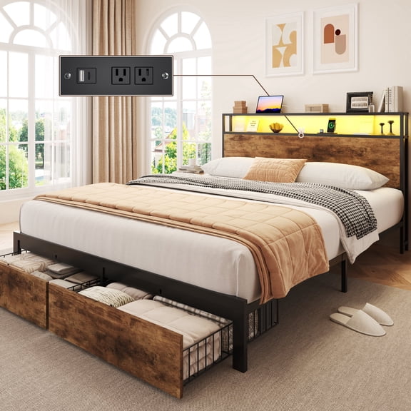 Bolvdo Queen Bed Frame with 2-Tier Storage Headboard, Metal Bed Frame with Storage Drawers & Built-in Charging Station & LED, Noise-Free, No Box Spring Needed, Easy Assembly, Retro Brown