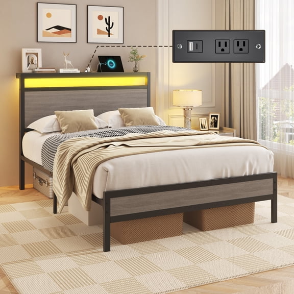 Bolvdo Twin Bed Frame with Headboard & Footboard, LED Light & Charging Station, Under-Bed Storage, Noise-Free, No Box Spring Needed, Easy Assembly, Rustic Gray